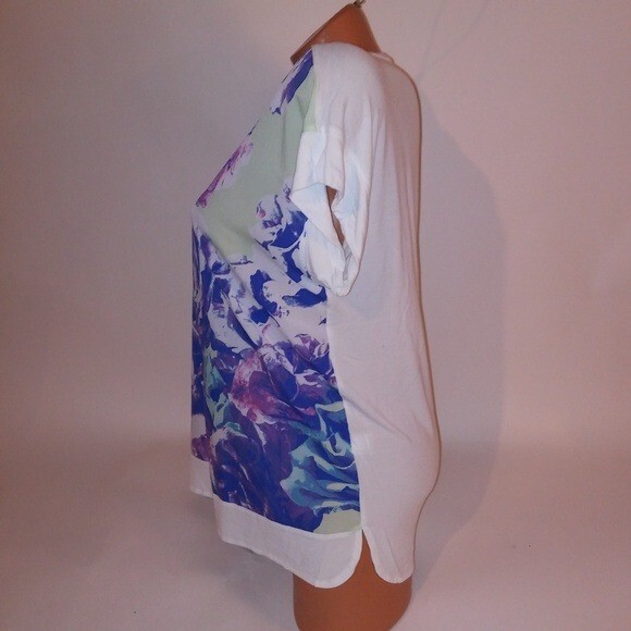 Apt 9 Blouse Womens Large White Purple Floral Bust 23″ Length 26″ Knit 95% Rayon