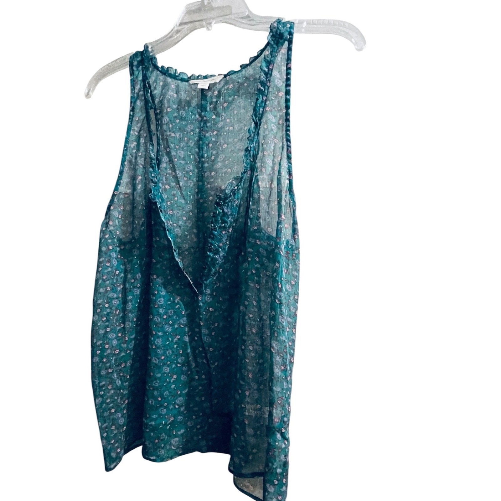 American Eagle Floral Green Sheer Ruffle Tank Top Size S Boho Racerback Pintuck