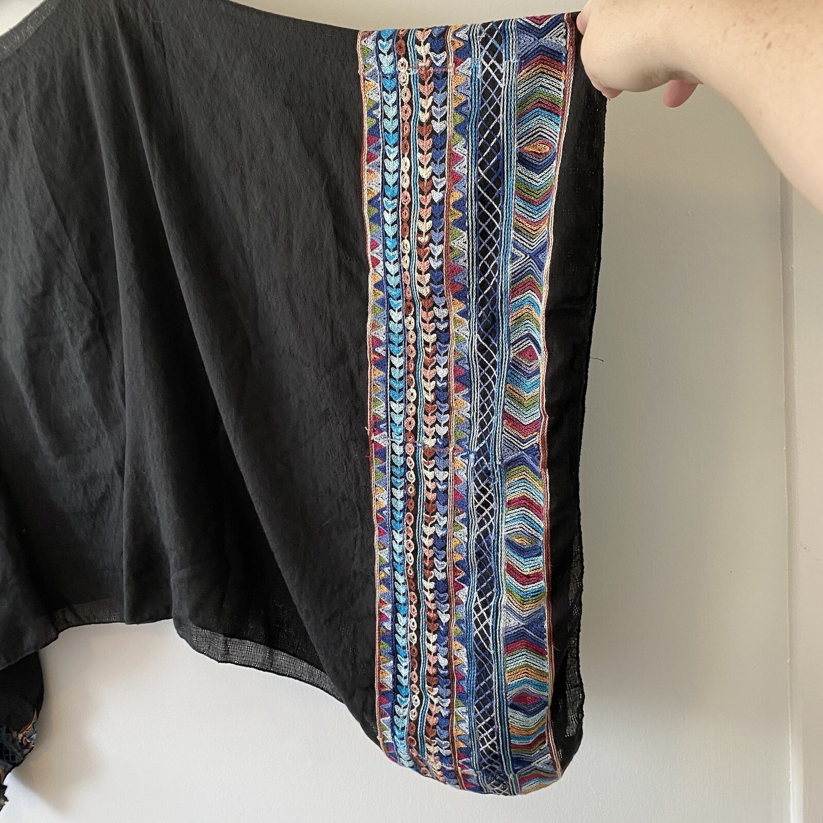 Black Kimono Top One Size Multicolored Embroidered Sleeves Boho Bohemian Summer