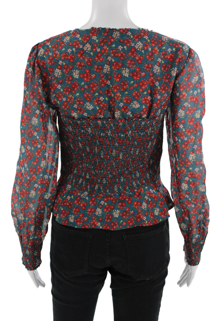 Intermix Women Blue Floral Viscose Square Neck Boho Blouse Long Sleeve Size 4