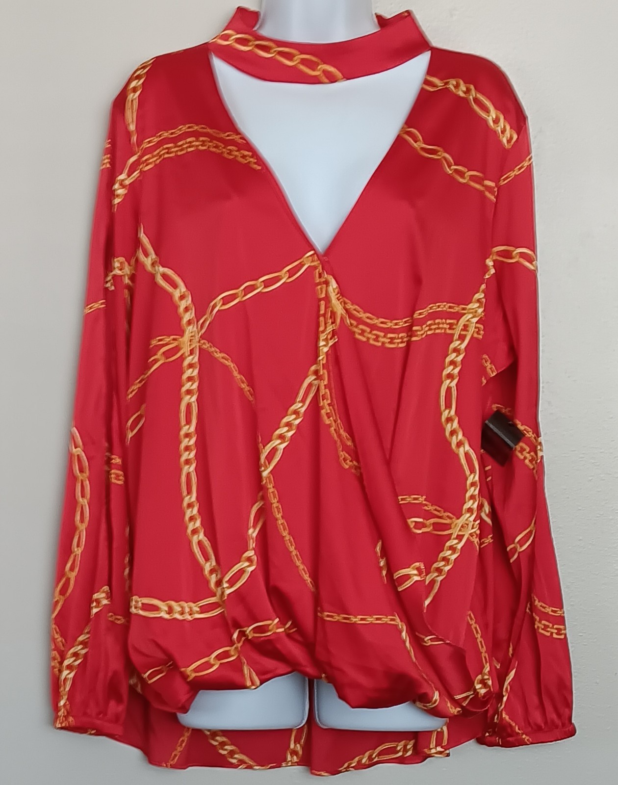 Bold Elements Women’s Hi Low Blouse Tunic Red Gold Chain Elastic Wrist XL