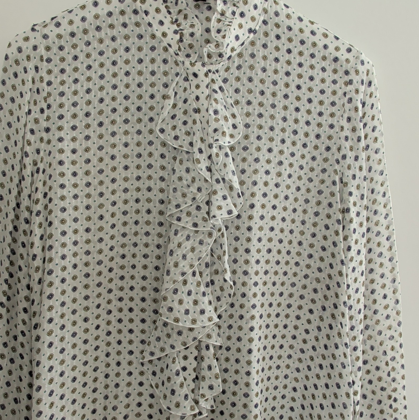 Massimo Dutti Women’s XS White Geometric Mock Neck Long Sleeve Ruffle Blouse