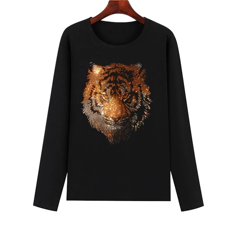 New Men Women Luxury Tiger Rhinestones Fashion Black Long T-Shirt High Quality
