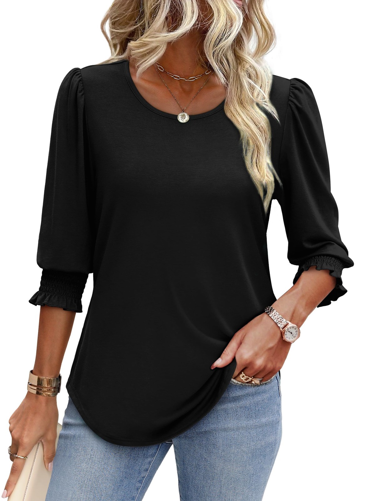 Womens Tops Dressy Casual 3/4 Sleeve T Shirts for Women Black Blouses for Wom…