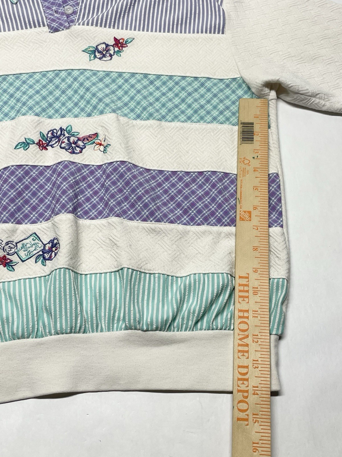 VTG Textured Knit Striped Floral Embroidered Banded Top L 80s 90s Grandma Spring