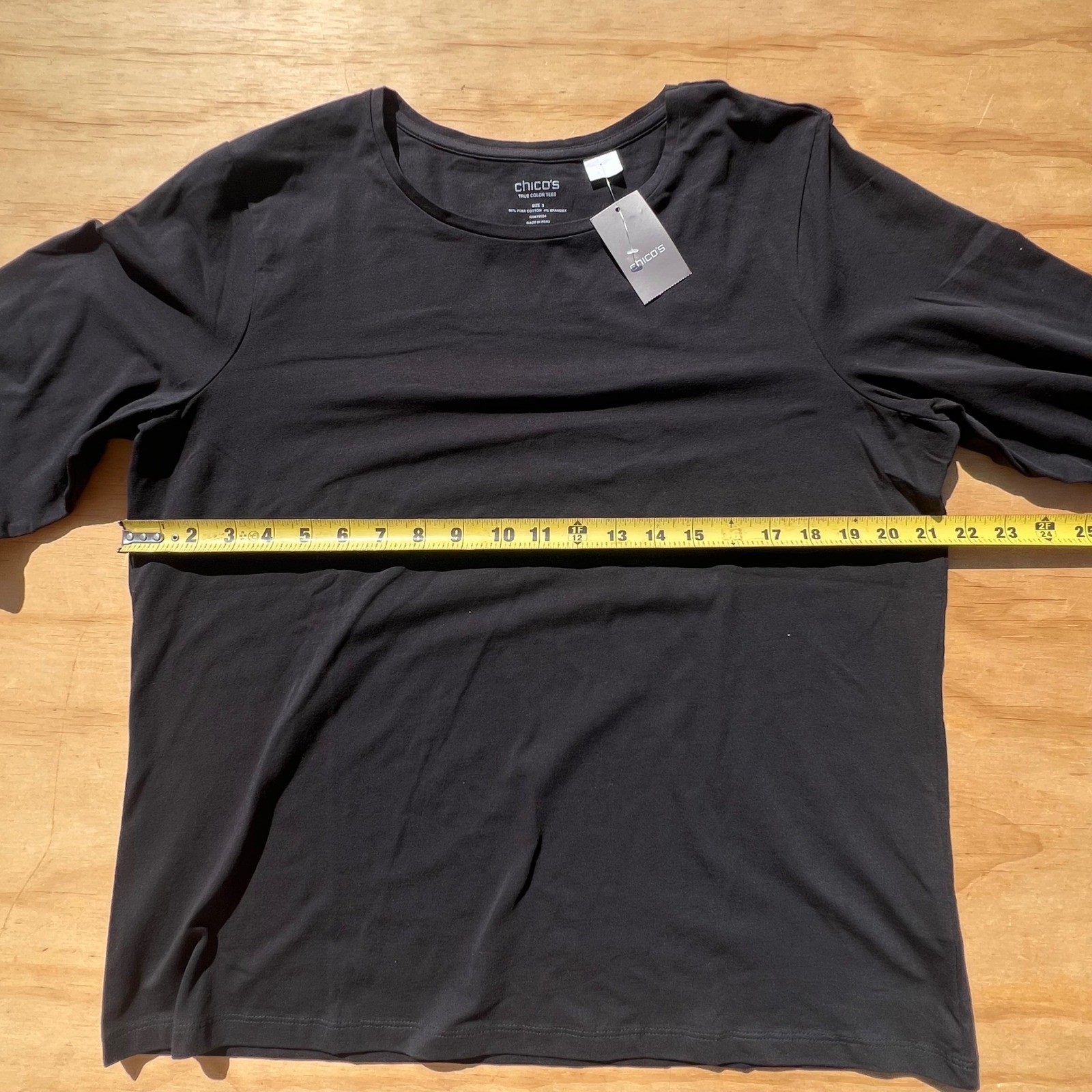 Chicos True Color Tee Black Pima Cotton Spandex 3/4 Sleeve Top Size 3 L/XL