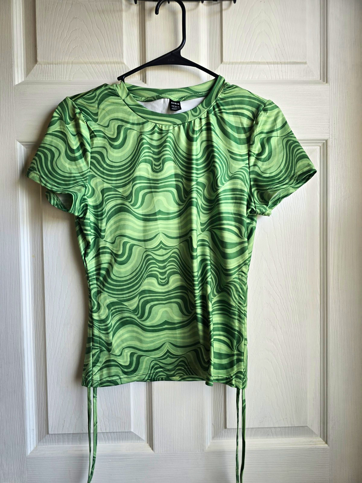 SHEIN Green Abstract Print Round Neck Drawstring Knit Short Sleeve T-Shirt L