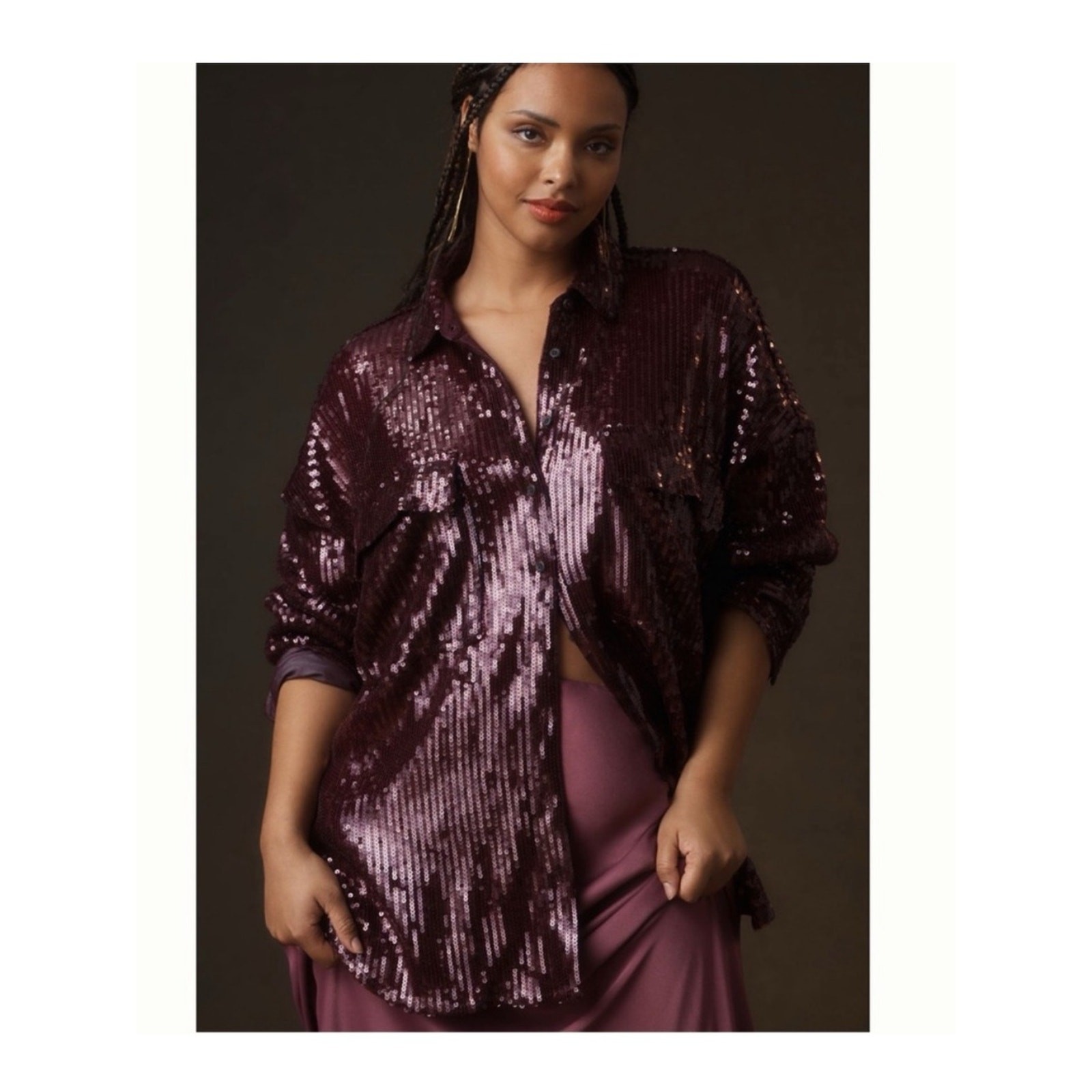 Pilcro Sequin Oversized Button Down Shirt Small Purple Fushia