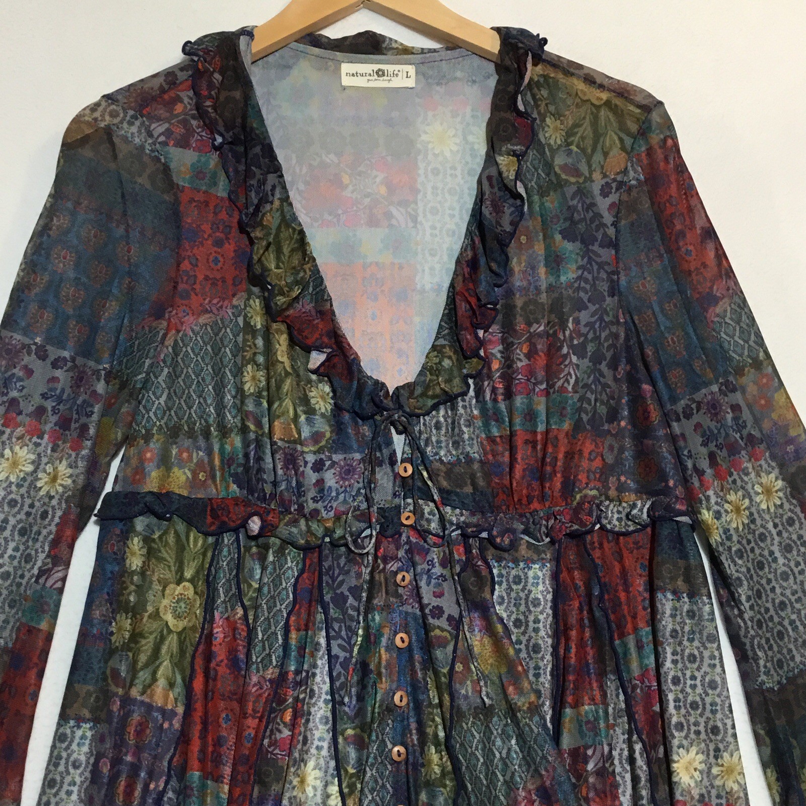 Natural Life Patchwork Ruffle Button Up Mesh Tunic Size L Multicolored Boho Top