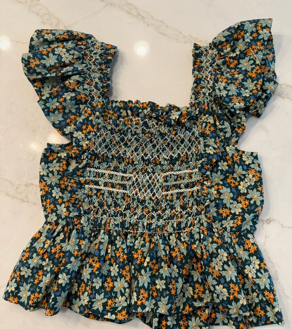 Sea New York Blouse Women’s L Green Floral Peggy Smocked Flutter Sleeve Peasant