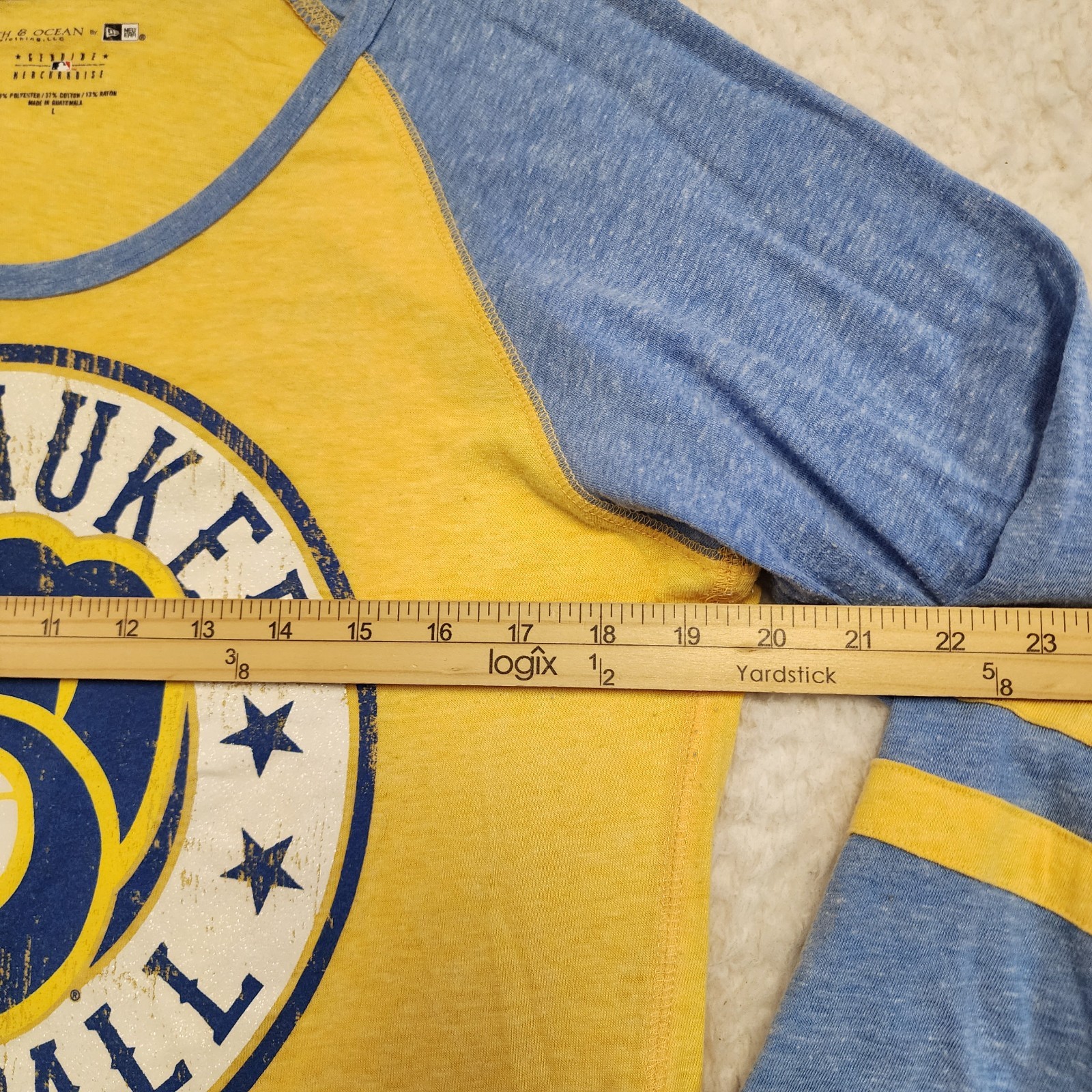 5th & Ocean Milwaukee WI Brewers Baseball L Raglan Top Blue Yellow MBL Sports