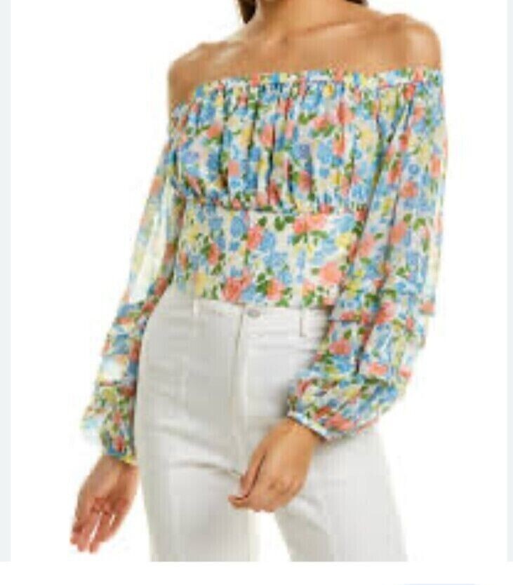 AMUR Silk Floral Top With Off-The-Shoulder Neckline And Voluminous Sleeves Sz 6
