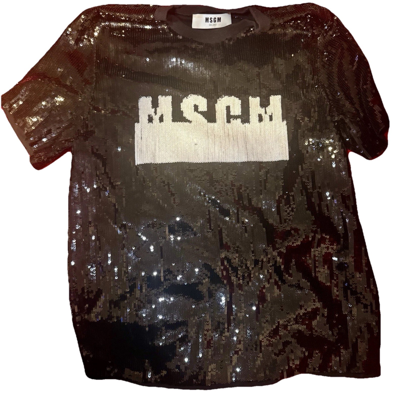 MSGM Women’s Black White Sequin Logo Short Sleeve Crew Neck T-Shirt Size 42