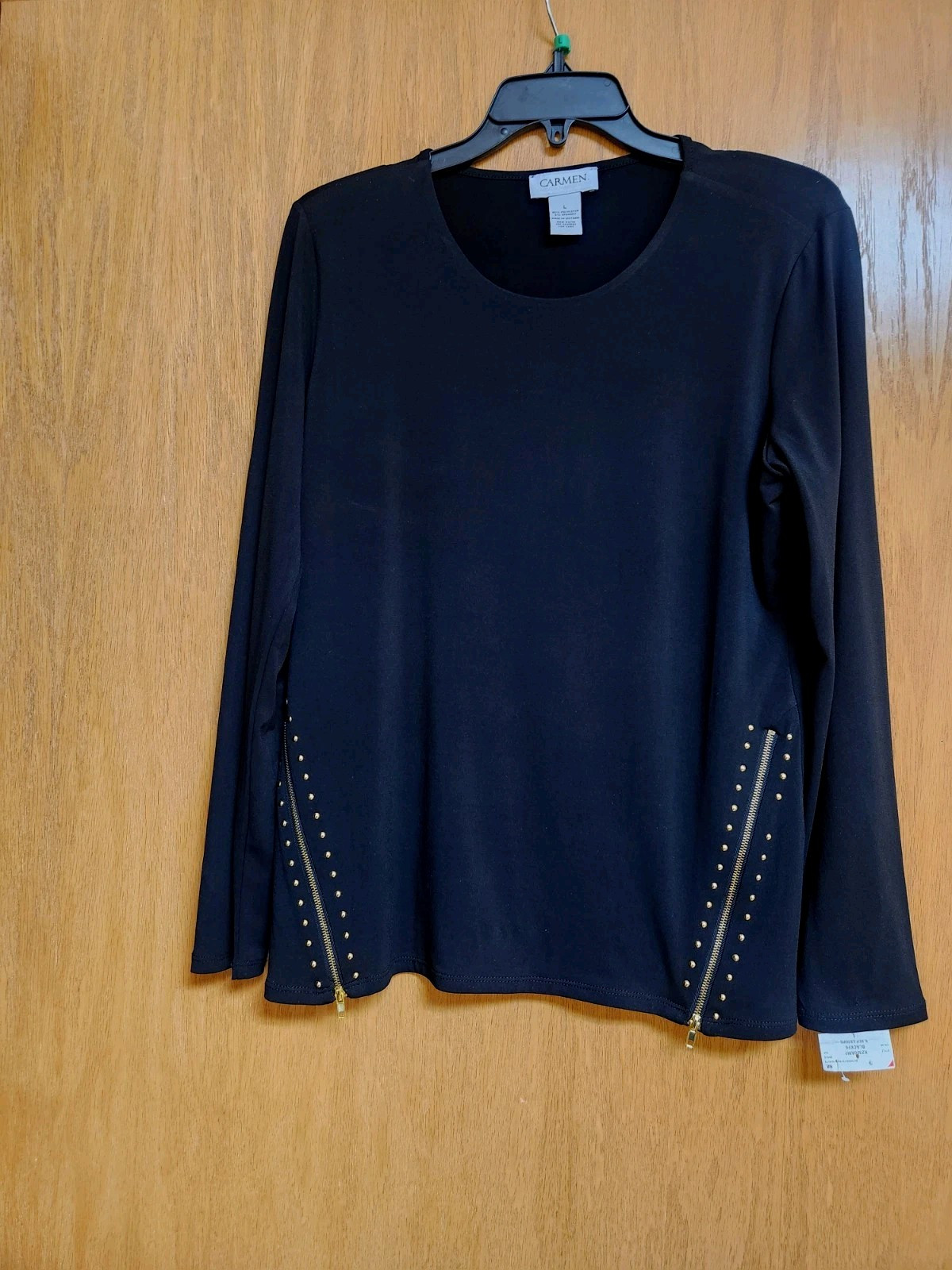 Black Studded Long Sleeve Top. Zipper Accents. Large. NWT. By Carmen.