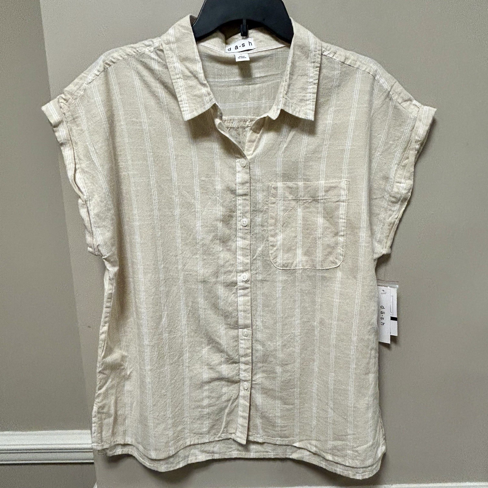 Dash Sz L Beige Cotton Shirt W/ Ivory Stripes NWT