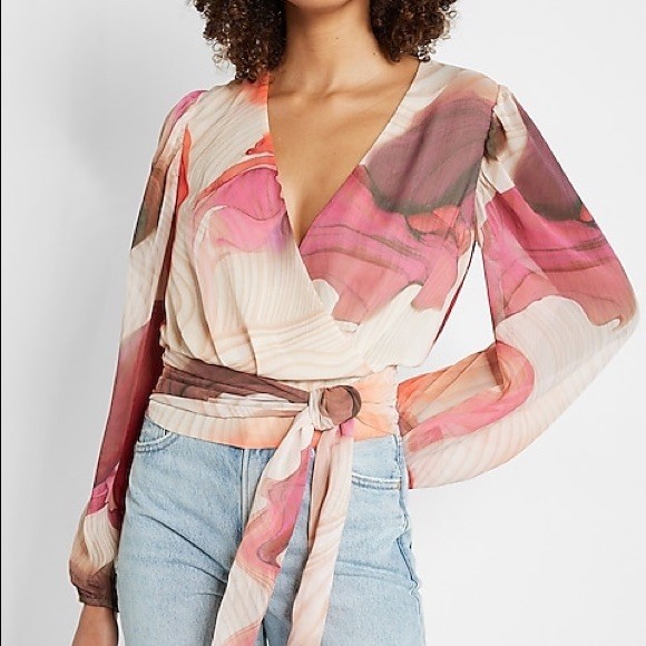 EXPRESS Conscious Edit Printed Faux Wrap Cropped Tie Waist Top Size Large
