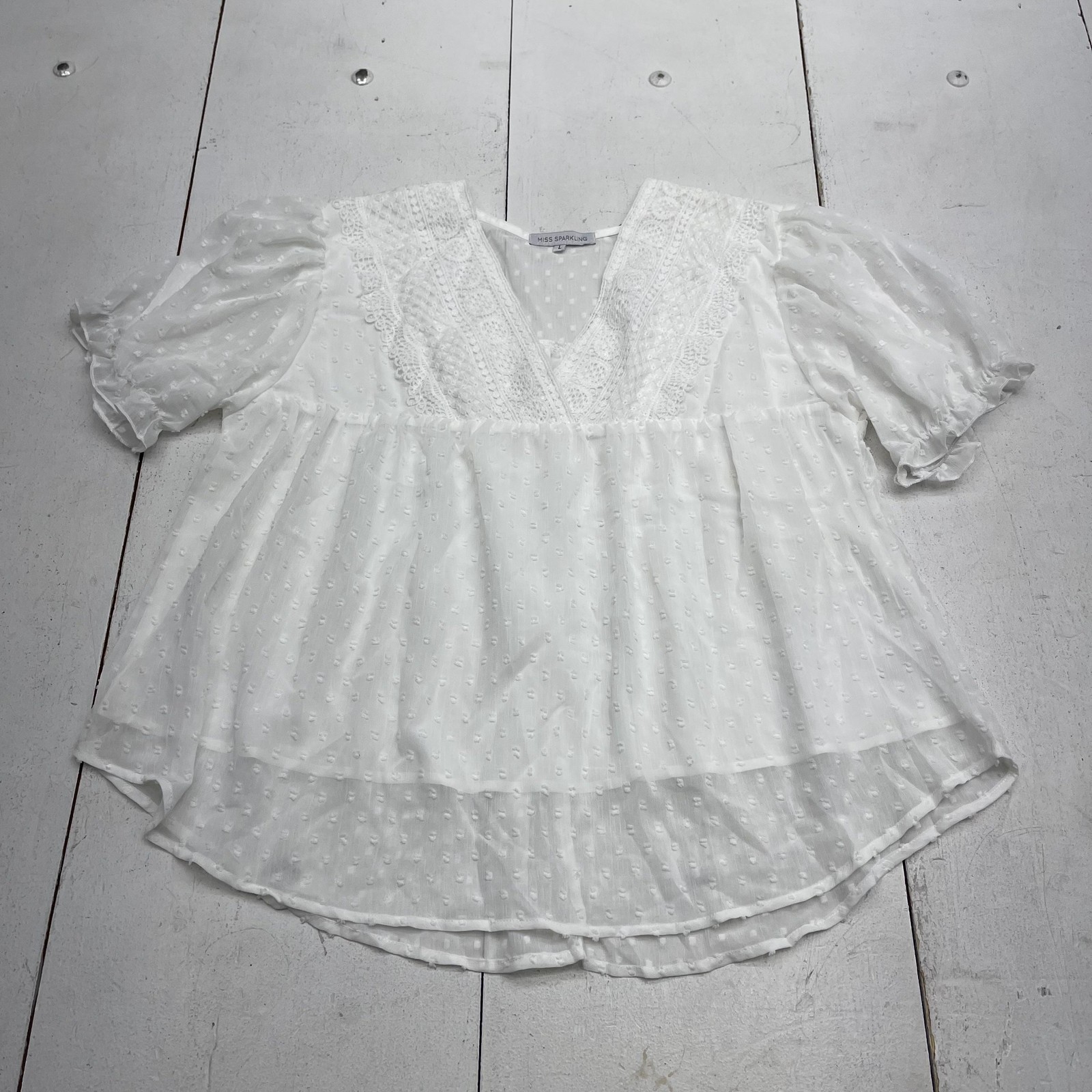 Miss Sparkling Blouse Womens Large White V Neck Swiss Dot Crochet Tunic Top