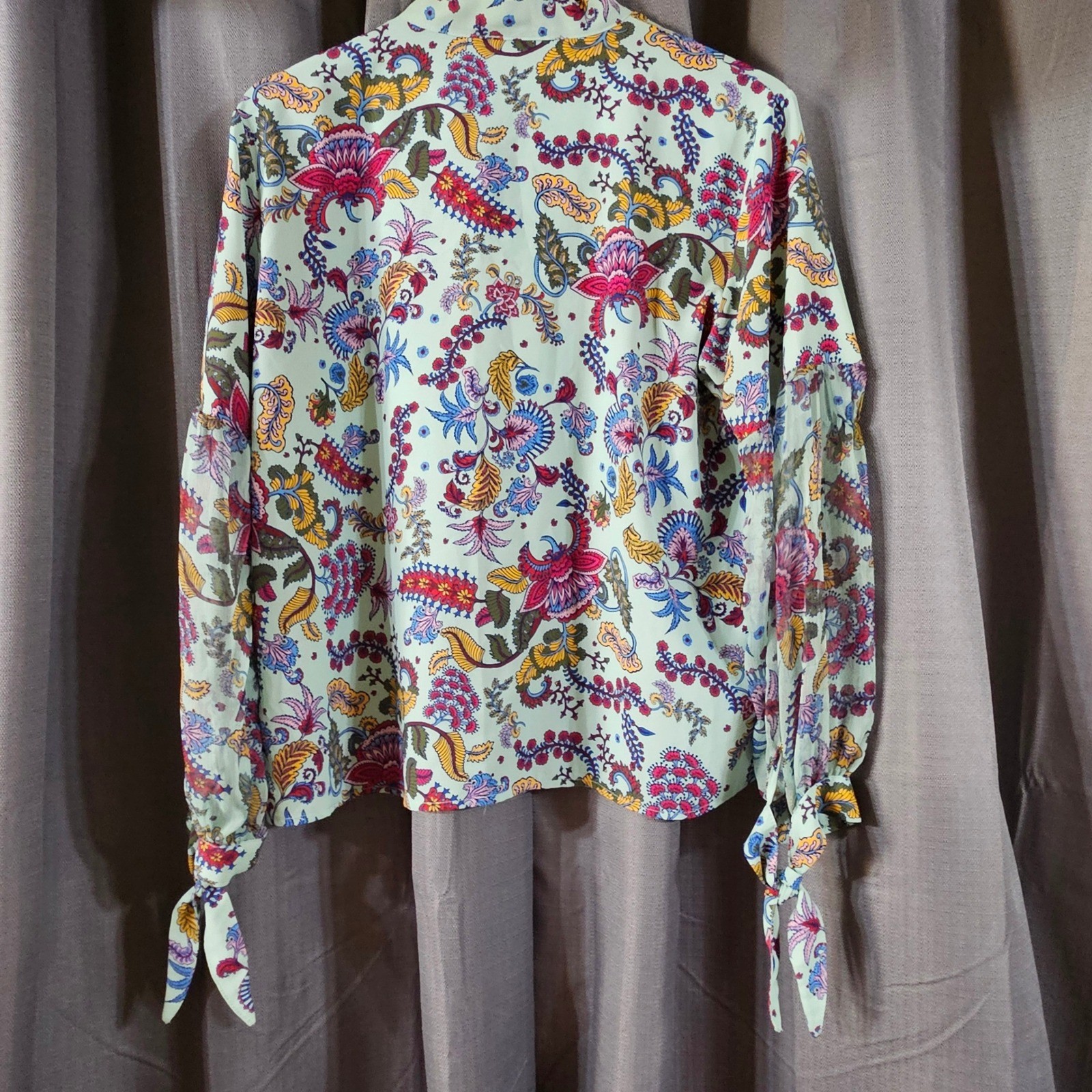 Koton Women Mint Green Paisley Floral Balloon Sleeve Tie Cuff Blouse UK 16 US L
