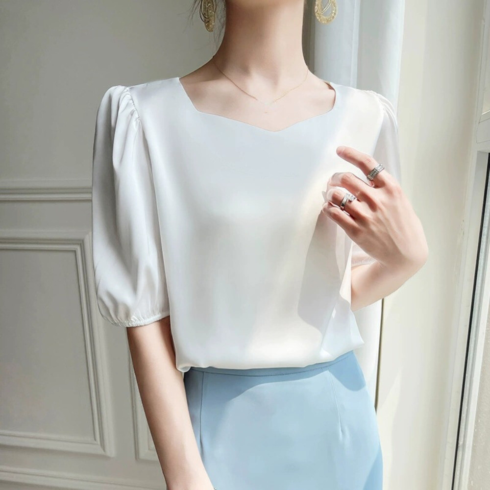 Women Formal Satin Faux Silk Shirt Tops Short Sleeve Tee Shirt Blouse Casual
