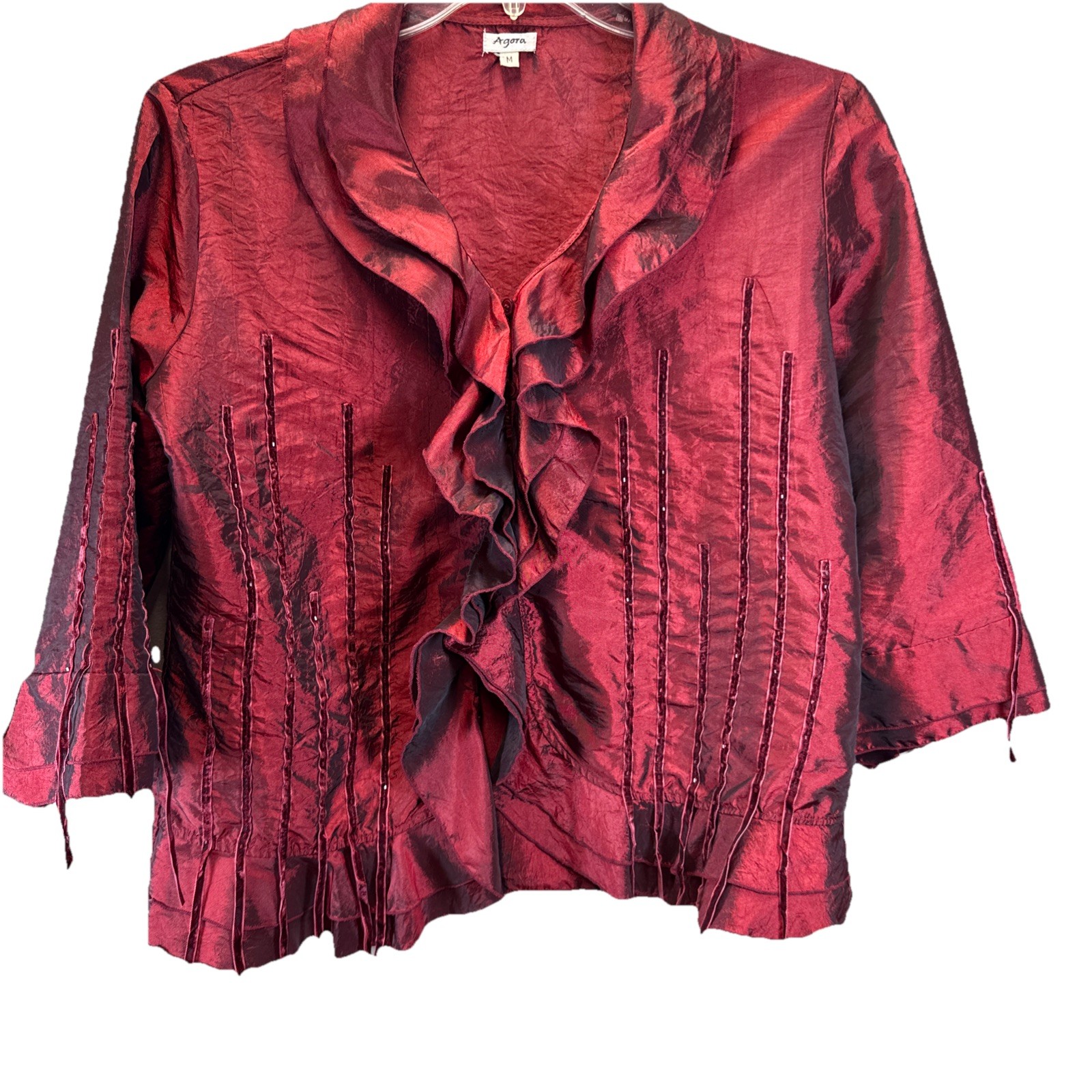 Agora Pleats Sequin Ruffles Button Down Blouse Jacket Sz M Steampunk Bust 40″