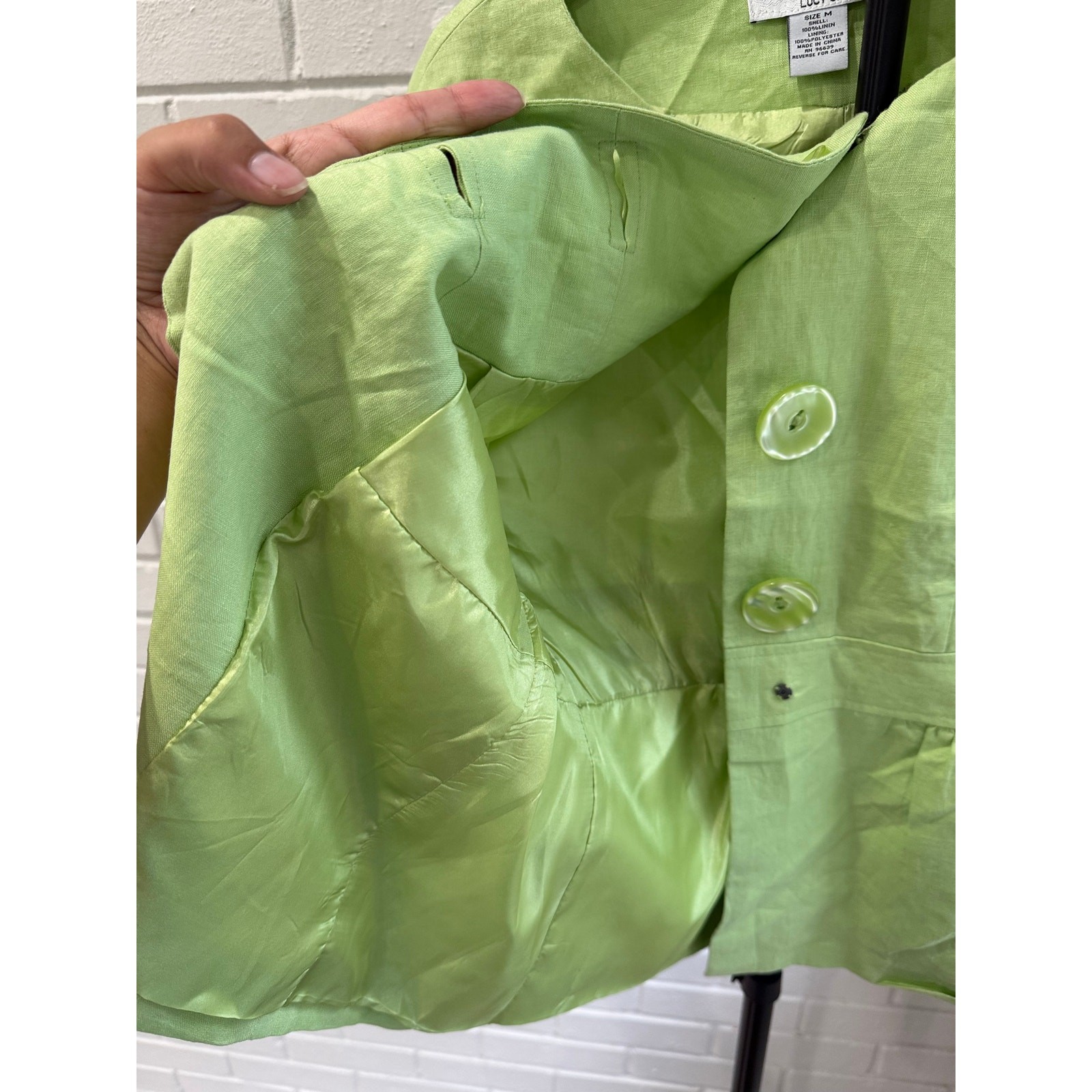 Pistachio Green Linen Jacket Women M Statement Button Artsy Lagenlook