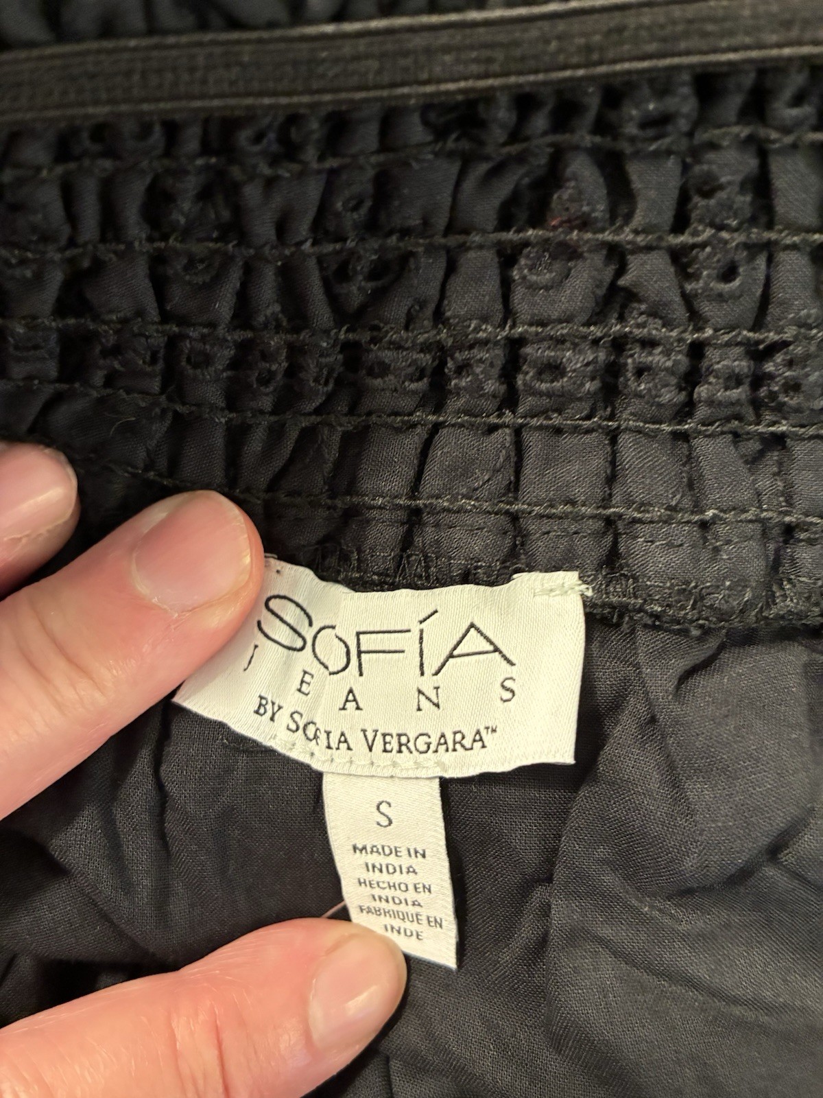 Sofia Vergara Peasant Top Womens S Black Off Shoulder Eyelet Smocked Boho