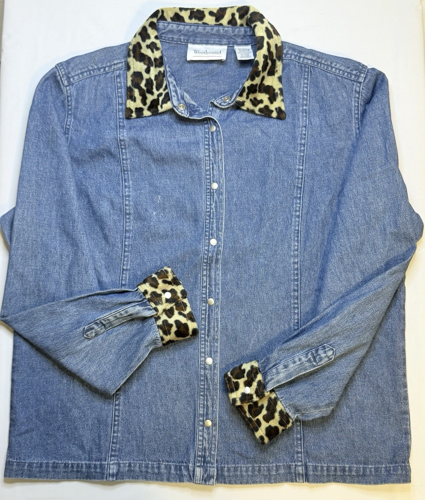 Y2K Denim Snap Button Shirt Leopard Print Collar Western Cowgirl Jacket Top L