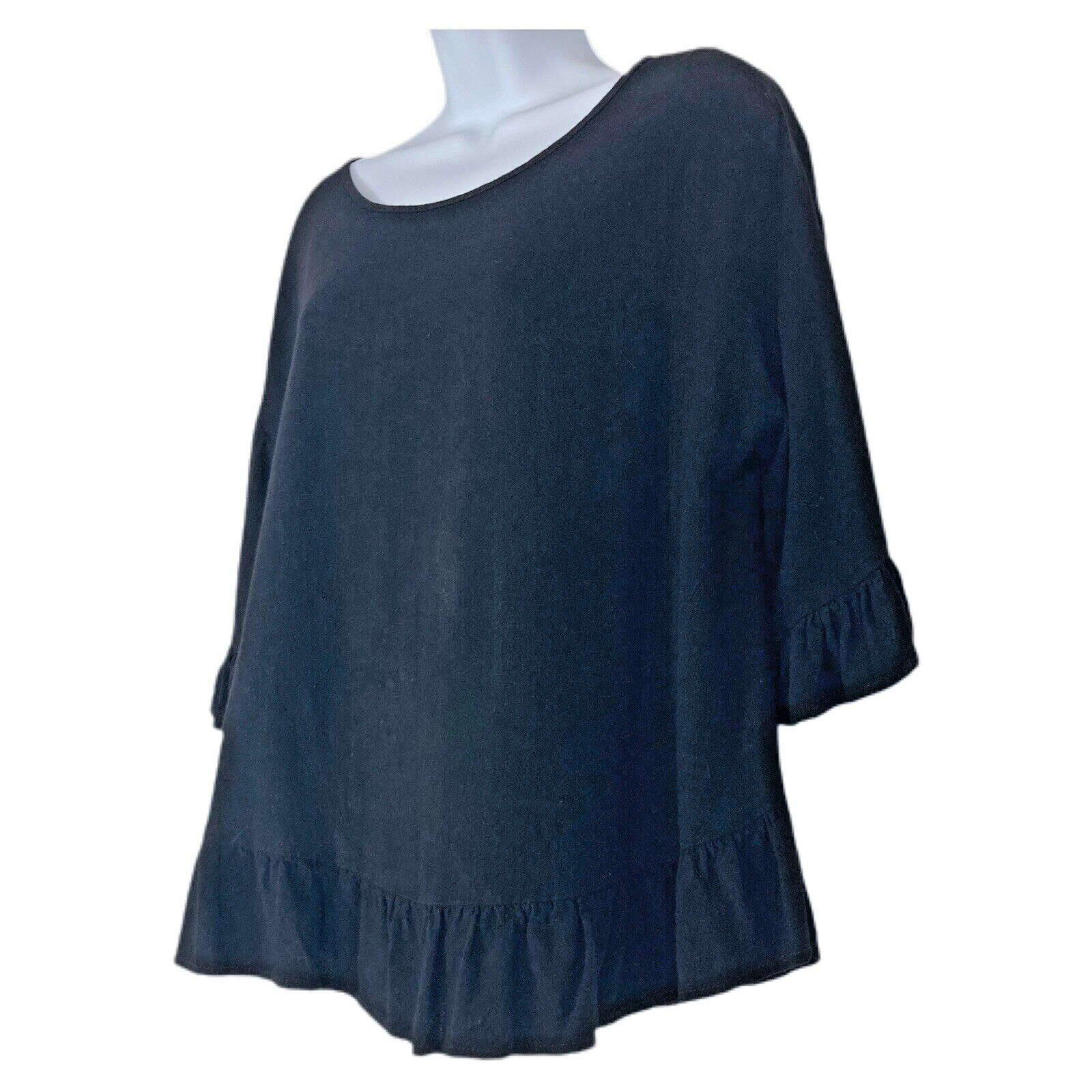 Ruffle Hem Linen Top Drop Shoulder Keyhole Black M Bohemian