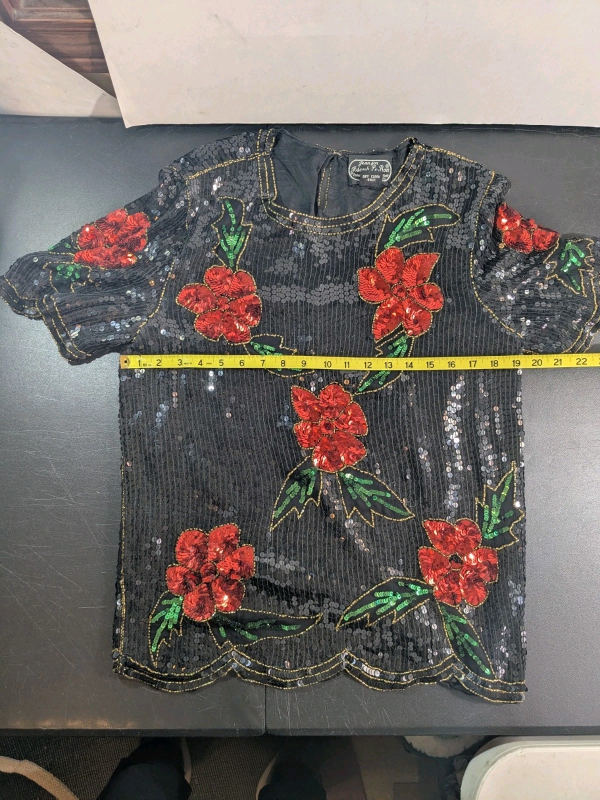Jean For Joseph Le Bon Vintage Black Sequenced Floral Silk Blouse Top Size M/L
