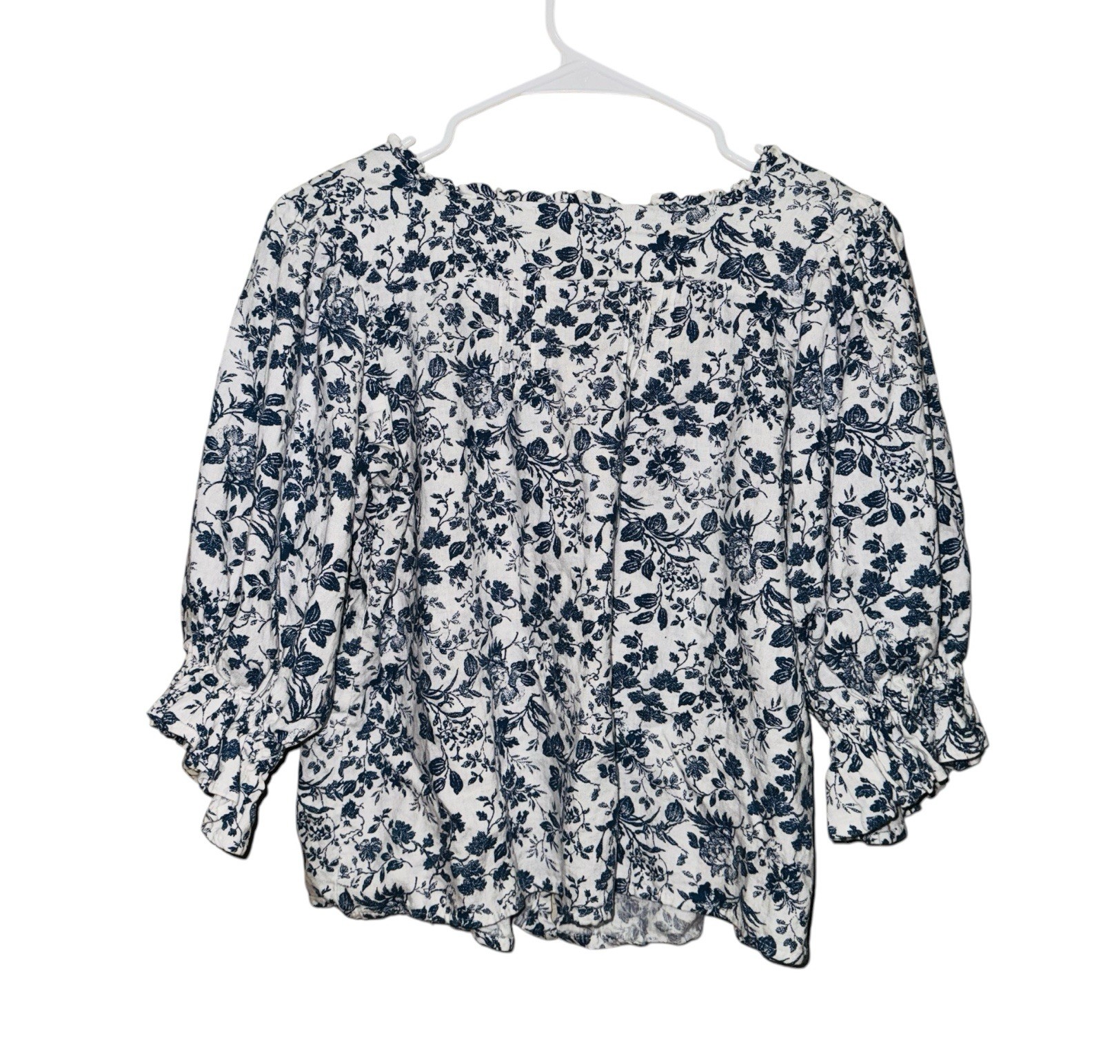 Cupcakes & Cashmere Linen Cottagecore Floral Square Neck Button Ruffle Blouse