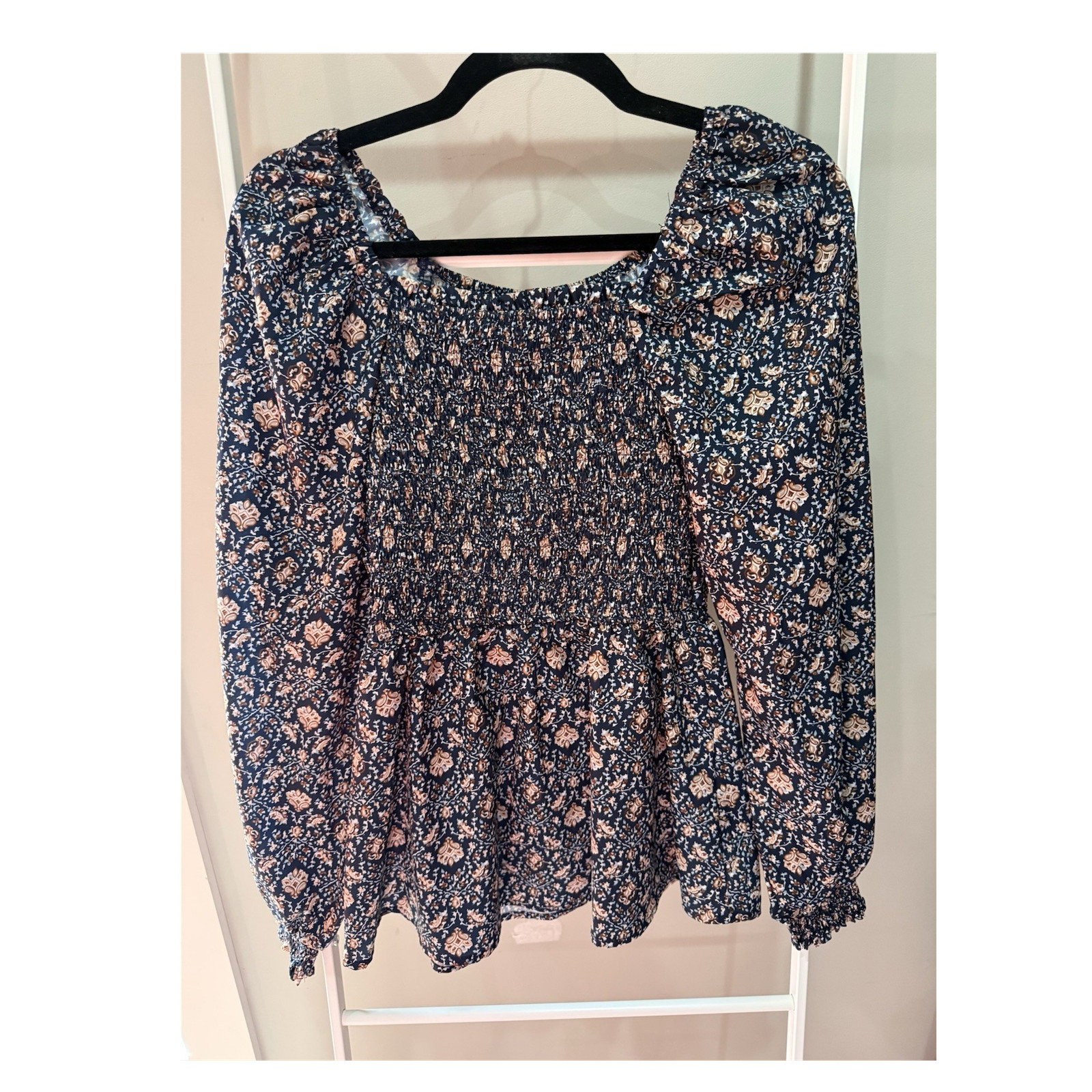 Hayden Los Angeles Navy Beige Pink Floral Smocked Square Neck Woven Blouse S