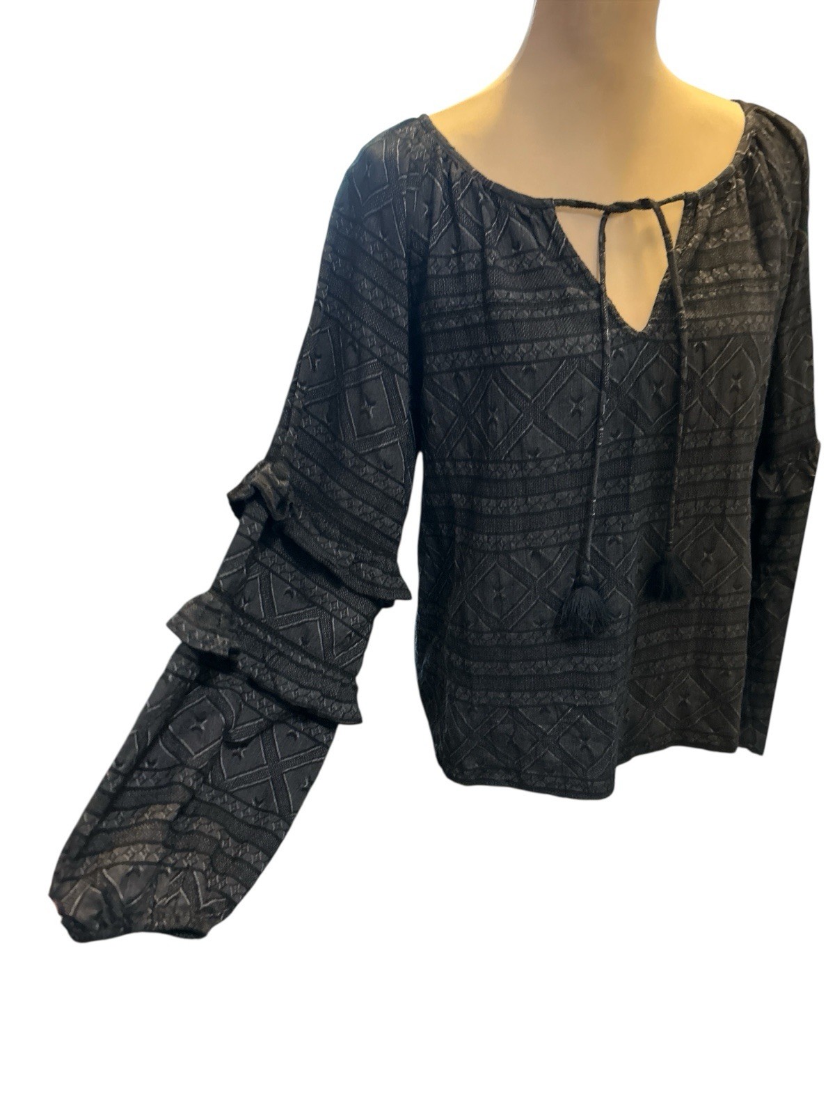 Carly Jean Los Angeles Womens Top Boho Textured Ruffle Balloon Sleeve Sz Medium