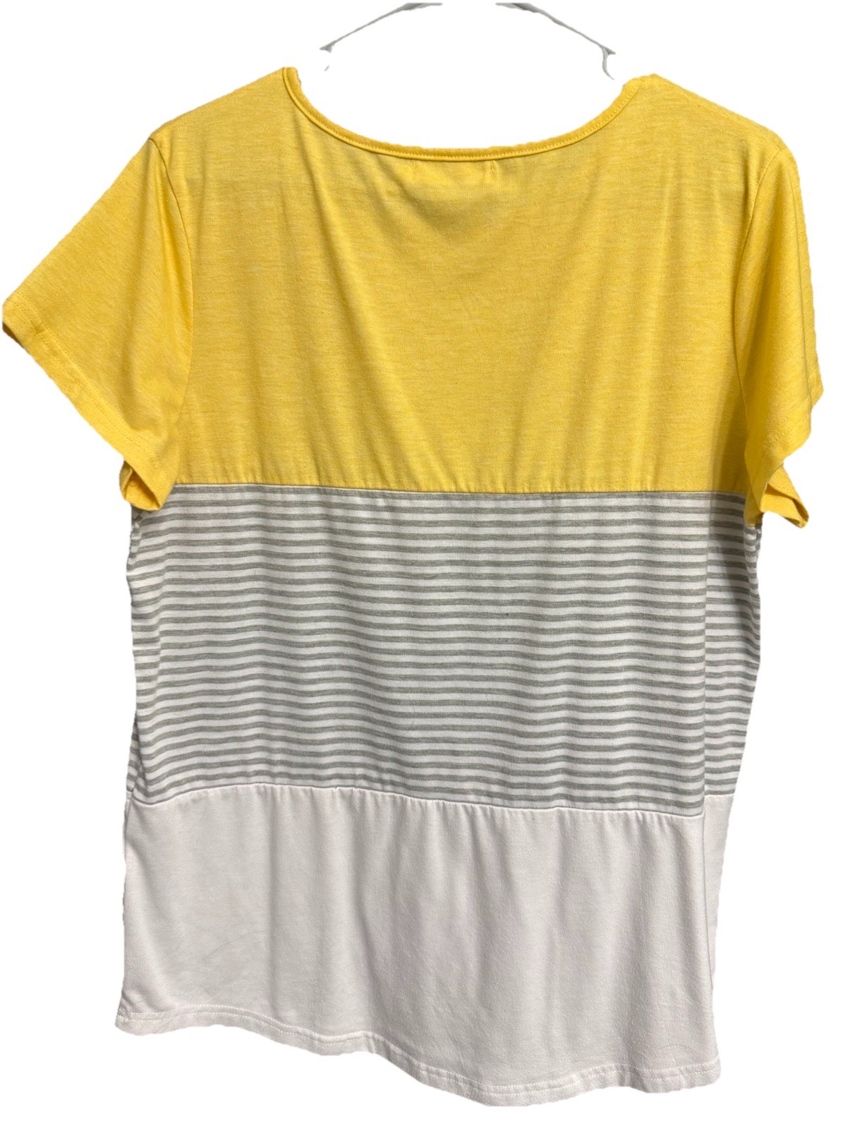 YunJey Women’s Colorblock Striped Knit T-Shirt Yellow Gray White Round Neck L