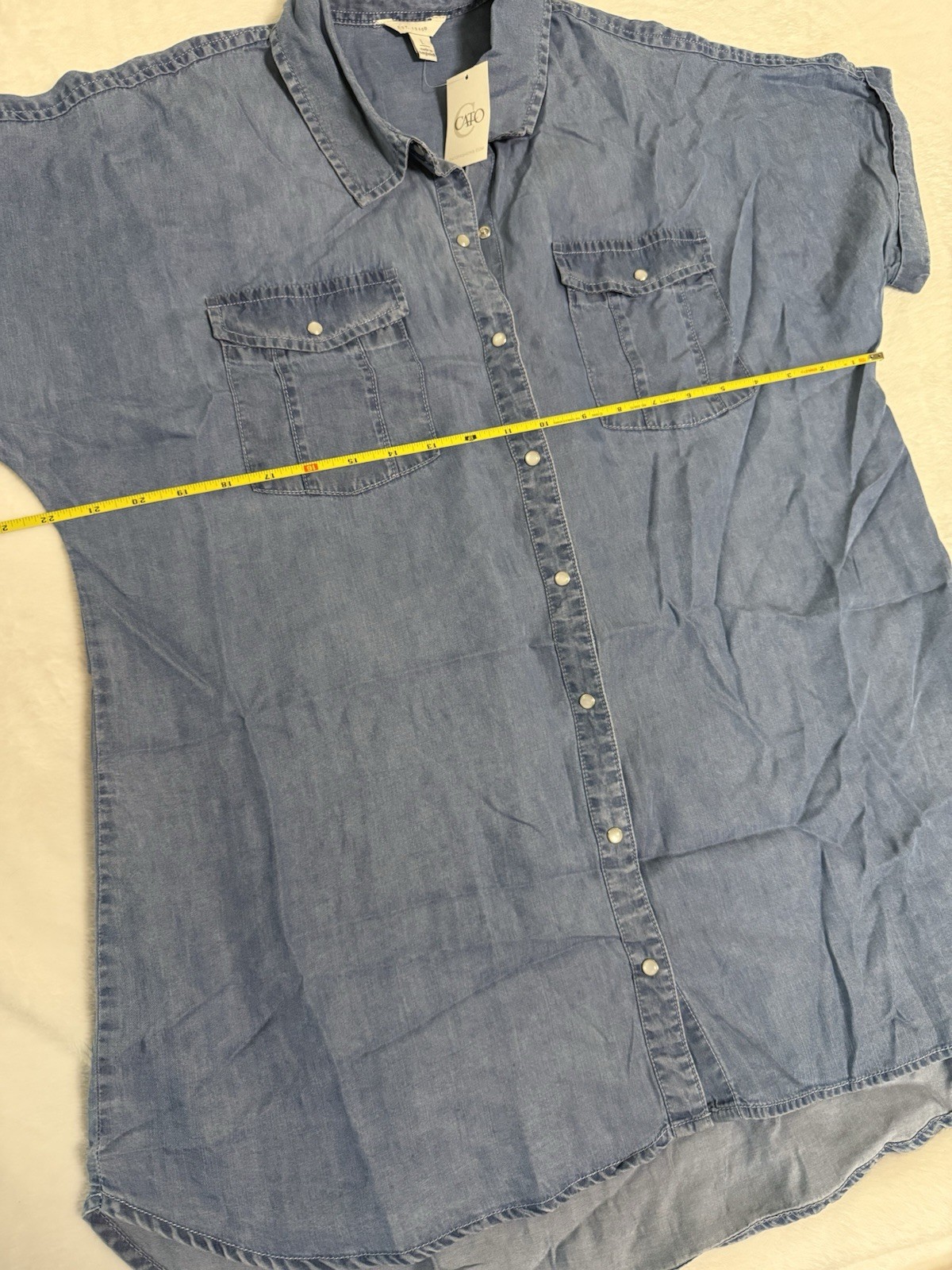 Cato Womens Large Chambray Tencel Button Front Shirt Blue Short Sleeve Hi Low
