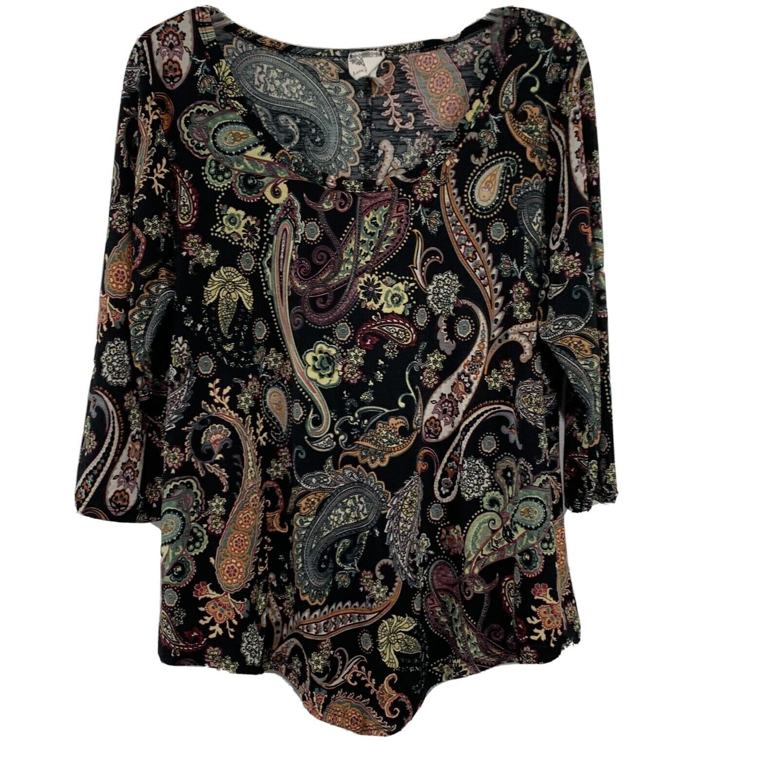 Late August black multi paisley asymmetrical hem Womans pullover Top Size Large