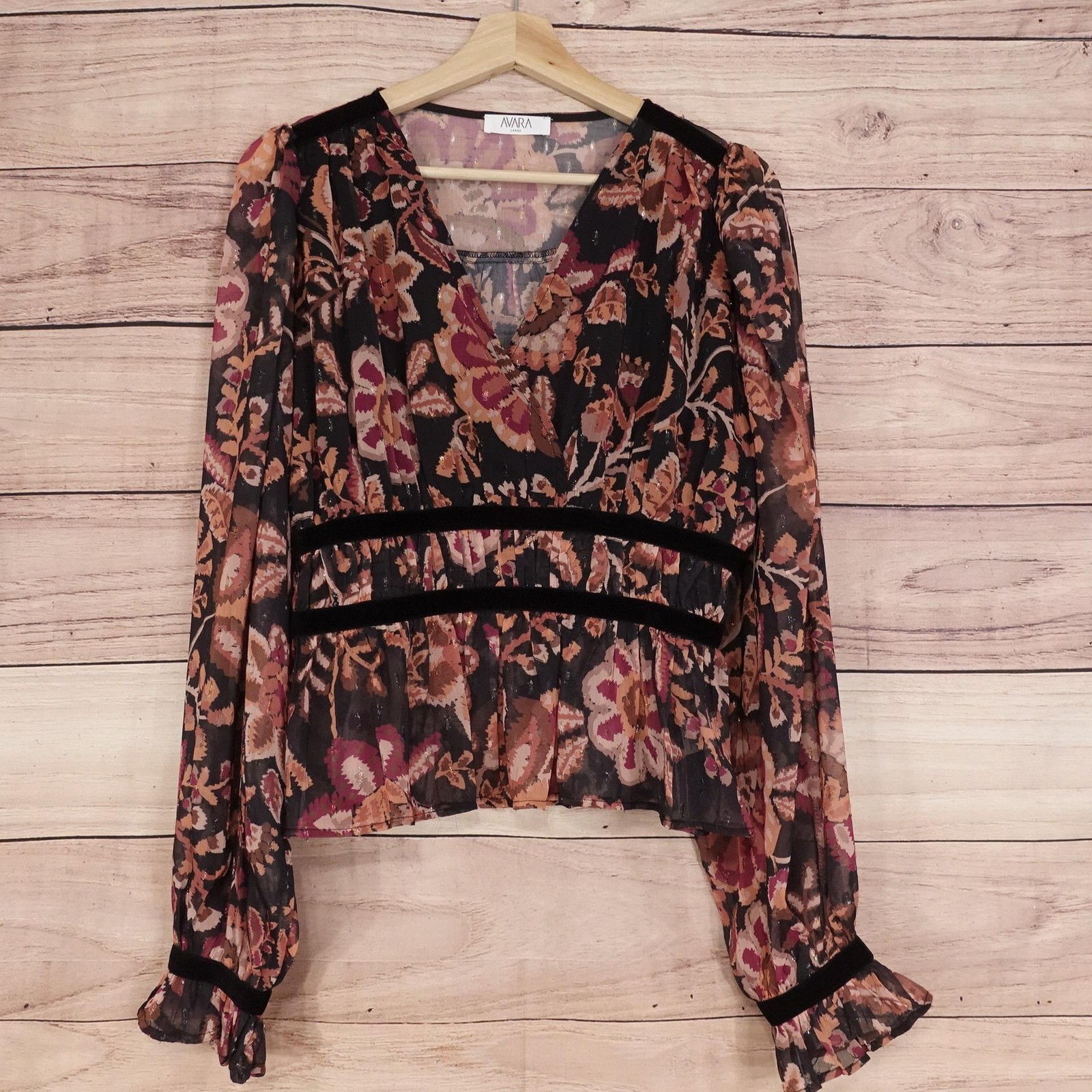 Avara Blouse Womens L Black Floral Chiffon V-Neck Long Sleeve Ruffle Sheer Top