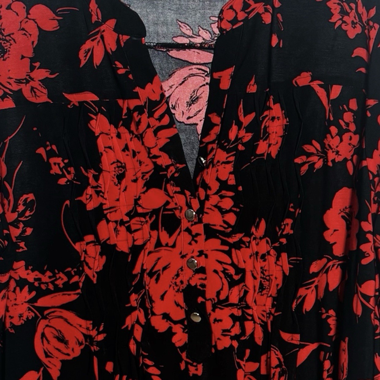 Ava & Grace Women 3/4 Sleeve Roll Tab Floral Blouse Top Black Red Plus Sz 1X