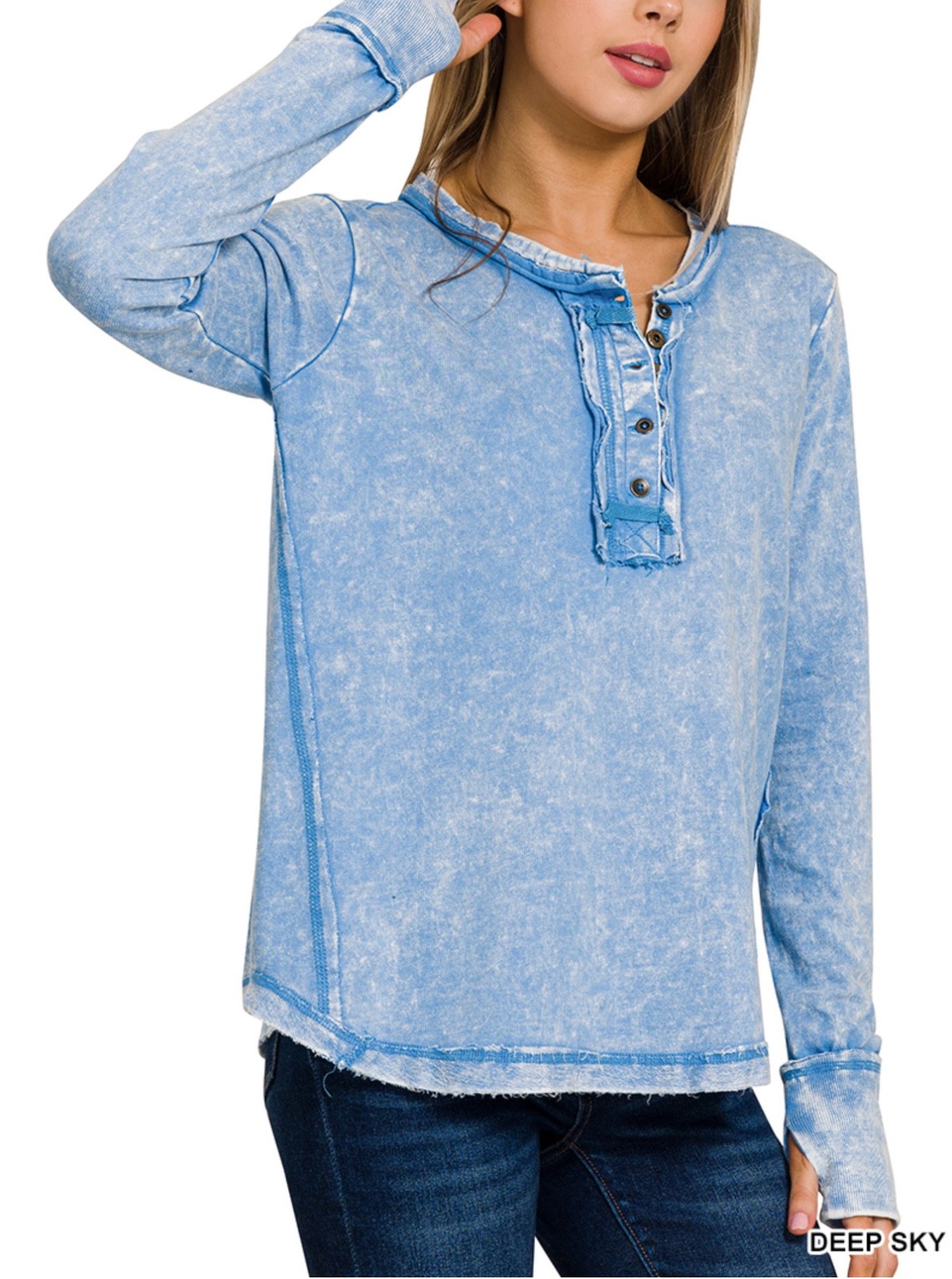 ZENANA 3319 Color Washed Henley Thumbhole top 100% CottonRaw Edge Exposed Seam