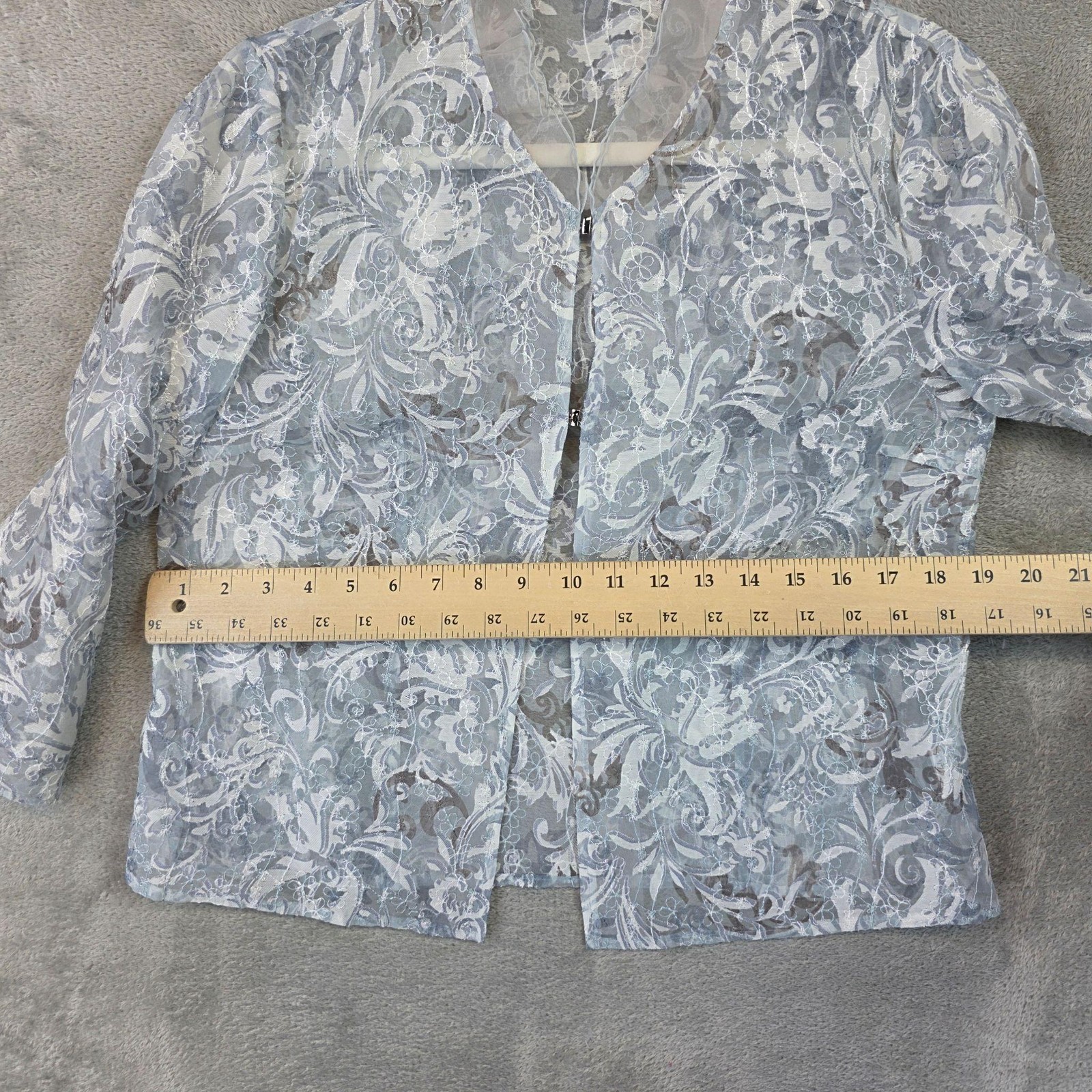 Leporte Tokyo Style Blouse Womens M Blue V Neck 3/4 Sleeve Sheer Floral Lace