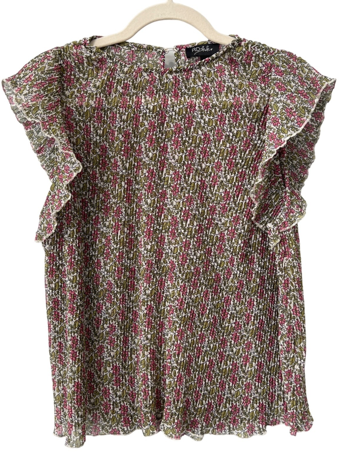 RD + Koko Floral Blouse Size Small Pink & Green Ruffle Sleeves 100% Polyester