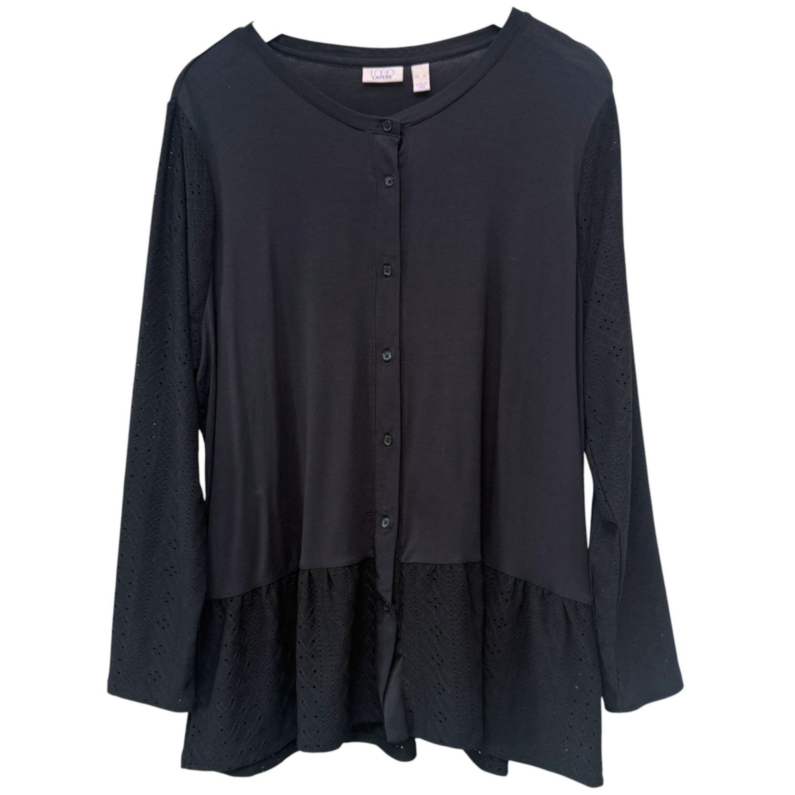 LOGO Lori Goldstein Ruffle and Eyelet Top XL Black Stretch Button Front Womens
