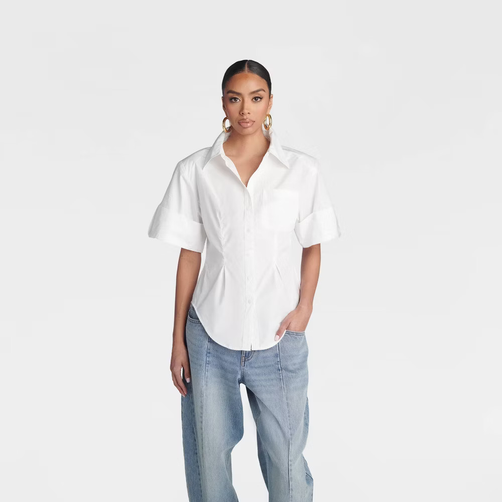 KBB by KAHLANA Women Short Sleeve’ The Hourglass Button-Down Shirt’ – White