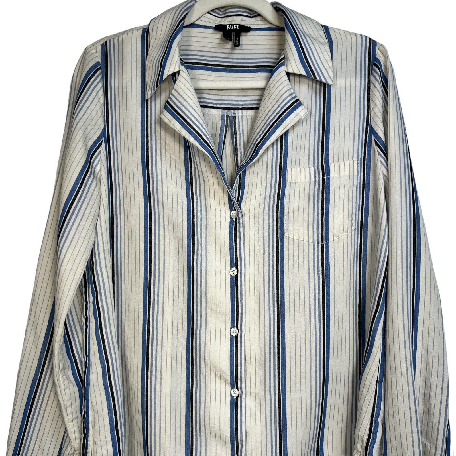 Paige Womens White Dream Blue Striped Notch Lapel Collar Button Up Shirt Size M