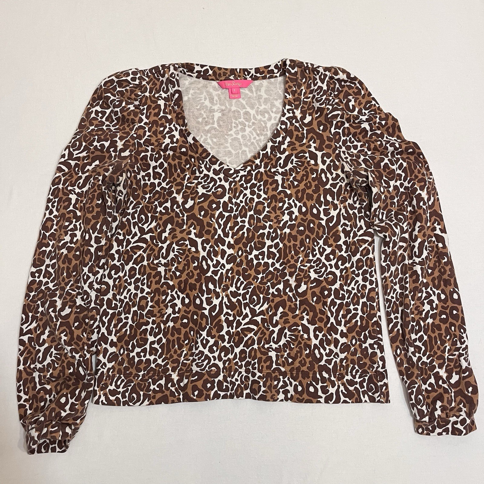 Lilly Pulitzer Chocolate My Favorite Spot Jansen V-Neck Sweatshirt Leopard Top