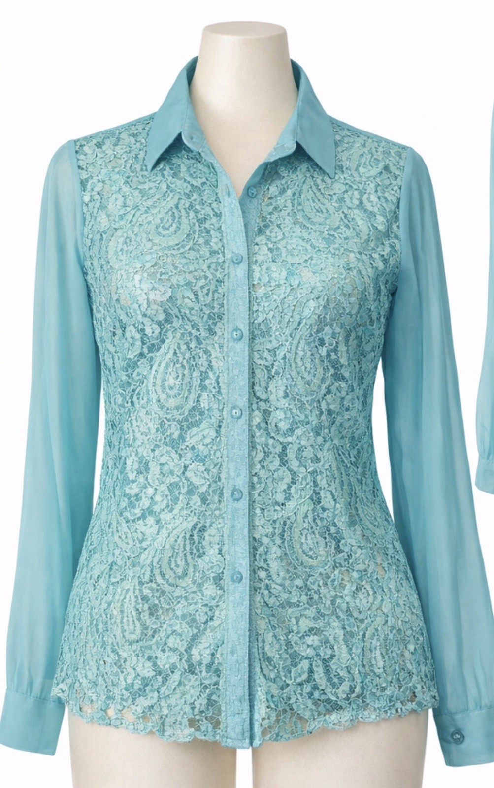 NEW Vintage Claudia Richard Size L Pleated Sleeve Boho Teal Sheer Lace Blouse