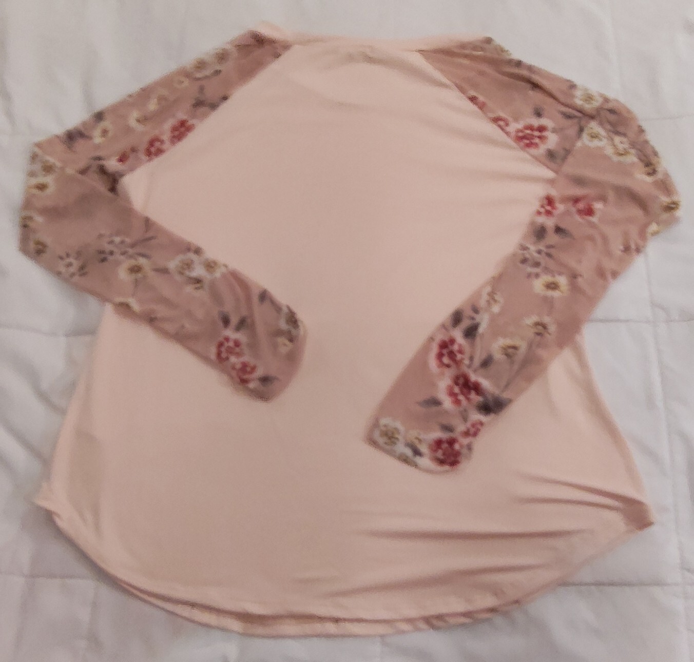 Story Teller Light Pink Long See-thru Sleeved Shirt With Floral Sleeves Large