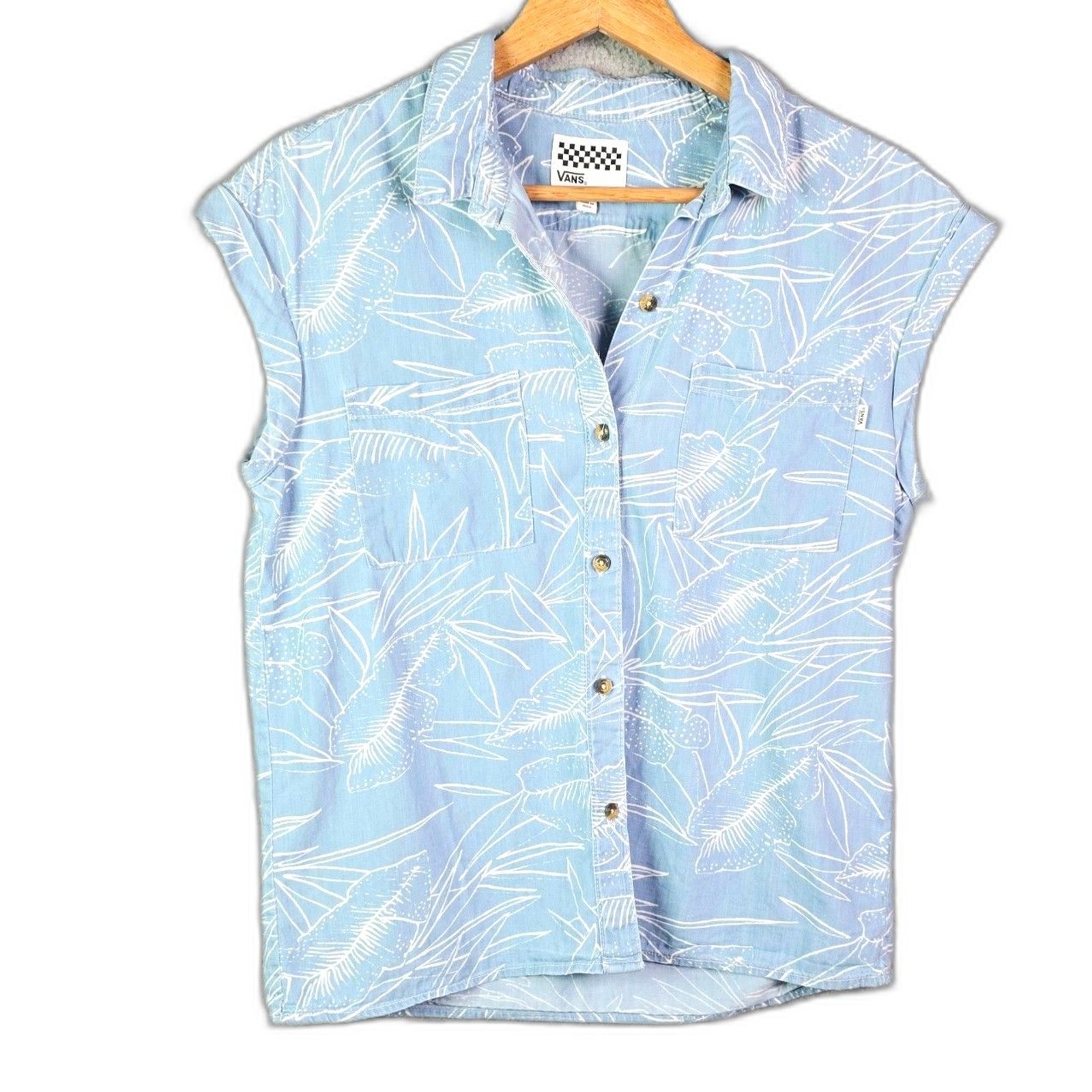 Vans Womens Button Down Shirt S Light Blue Tropical Palm Leaf Print Pockets