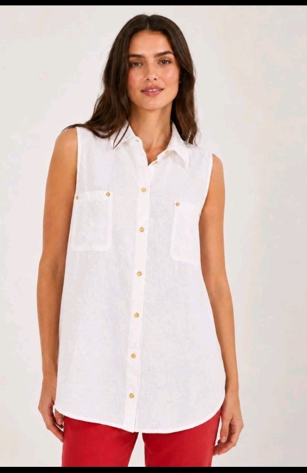 Ellen Tracy 100% Linen Women’s Top XL White Gold Tone Buttons Sleeveless #CC