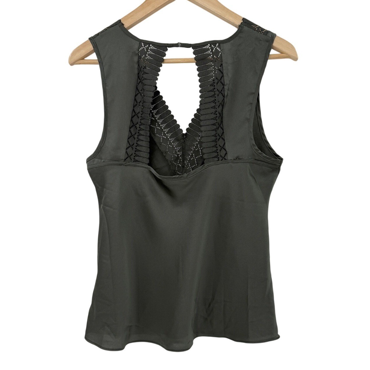 Etam Womens Sleeveless V-Neck Lace Trim Keyhole Back Blouse Dark Olive Green M