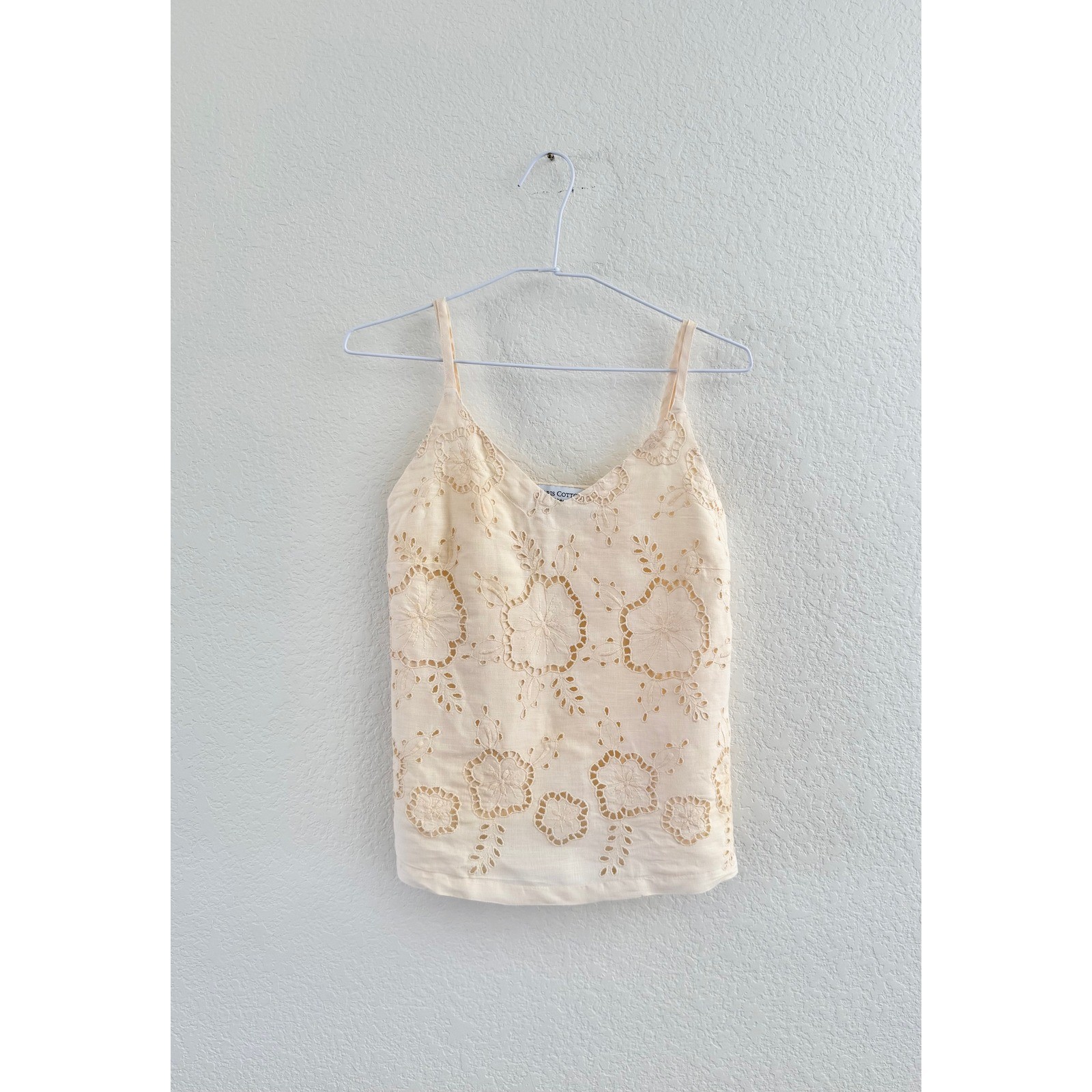 Haris Cotton Camisole Women XS Cream Linen Floral Eyelet Made in Greece Top